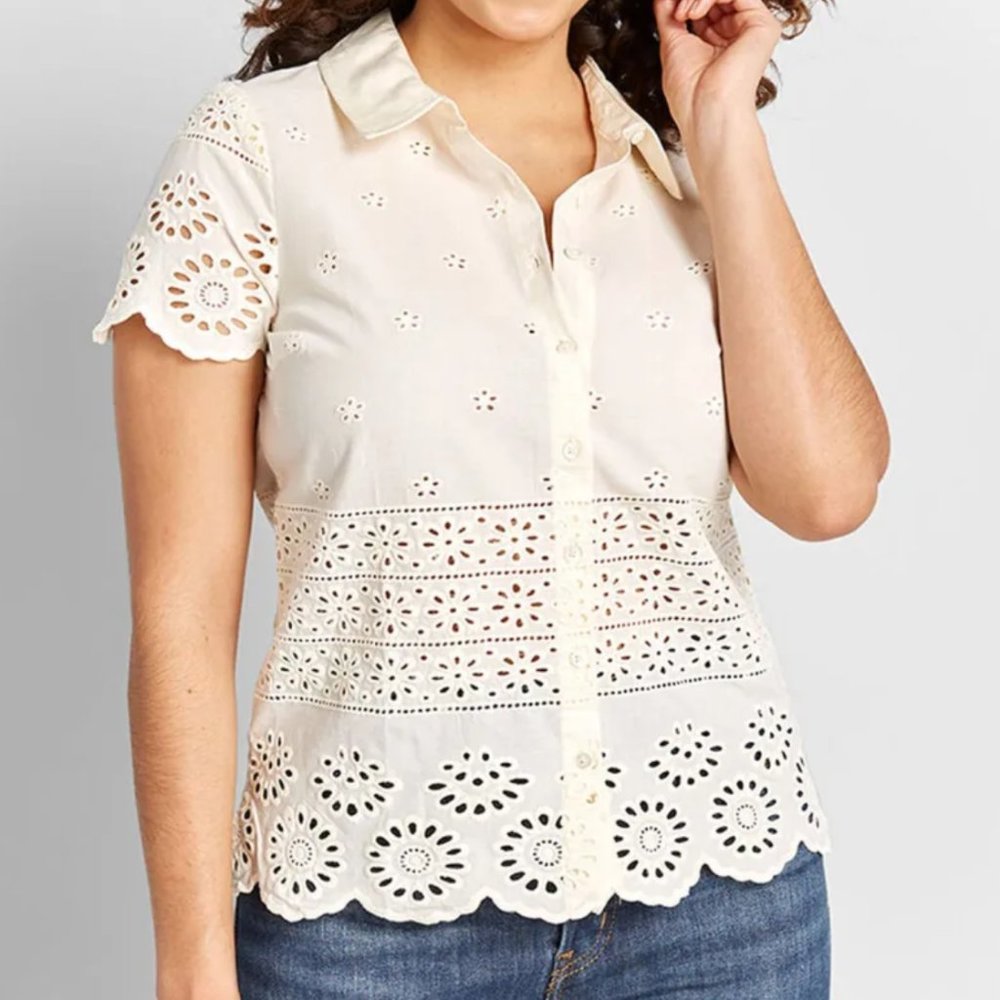 Modcloth Cream Eyelet Success Button-up Shirt